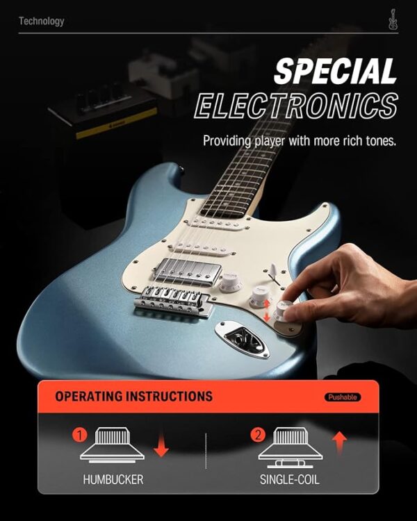 Donner DST-152R Electric Guitar, 39" Beginner Electric Guitar Kit, HSS Pickup with Coil Split, Guitar Starter Set with Amp, Bag, All Accessories, Metallic Ice Blue - Image 3