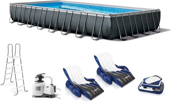 Intex 32'x16'x52 Rectangular Ultra XTR Frame Above Ground Pool with Sand Filter Pump, Ladder, Ground Cloth, Pool Cover, Floats (2 Pack), & Cooler