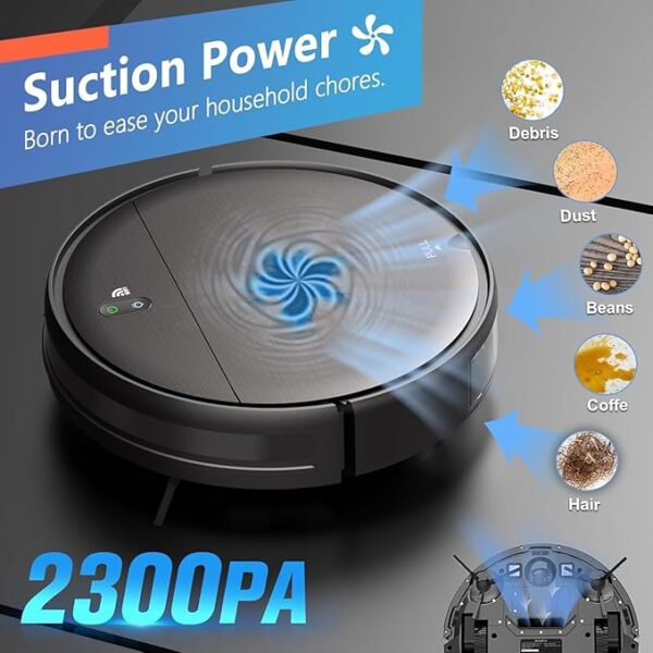 MAMNV Robot Vacuum and Mop Combo, WiFi/App, Robotic Vacuum Cleaner with Schedule, 2 in 1 Mopping Robot Vacuum with Watertank and Dustbin, Self-Charging, Slim, Ideal for Hard Floor, Pet Hair, Carpet - Image 6