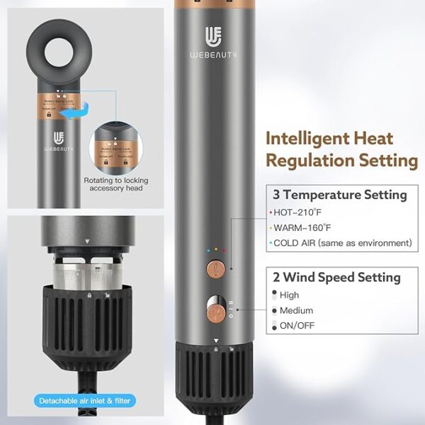 Hair Dryer Brush, webeauty 5 in 1 One Step Professional Hot Air Brush Set for Fast Drying, Curling Drying, Straightening Combing, Hair Styler [Ceramic Coating] [Negative Ion] 110000 RPM (Gold) - Image 6