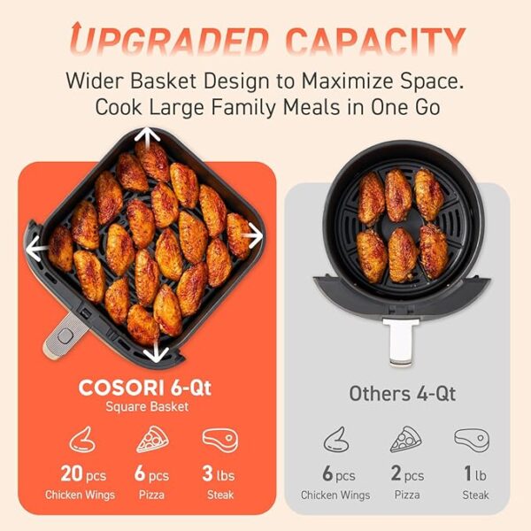 COSORI Air Fryer 9-in-1, Compact & Large 6-Qt, Fast Turbo Modes, 90°–450°F Even Results With Precise Temperature Control, Up to 95% Less Oil*, Roast, Bake, Dry, Reheat, Frozen, Broil, Proof, Grey - Image 5