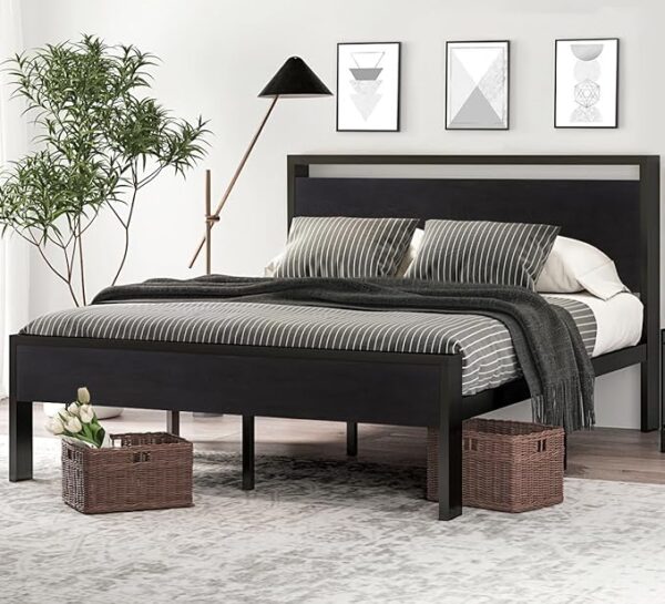 SHA CERLIN 14 Inch Queen Size Metal Platform Bed Frame with Wooden Headboard and Footboard, Mattress Foundation, No Box Spring Needed, Large Under Bed Storage, Non-Slip Without Noise, Black Oak - Image 2