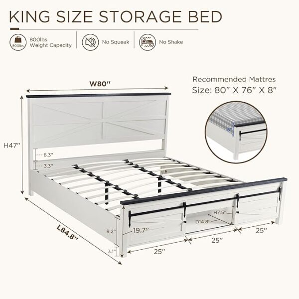 JXQTLINGMU King Farmhouse Wood Bed Frame with Sliding Barn Door Storage Cabinets, Solid Wood Slats Support, Noiseless, No Box Spring Needed, Antique White - Image 5