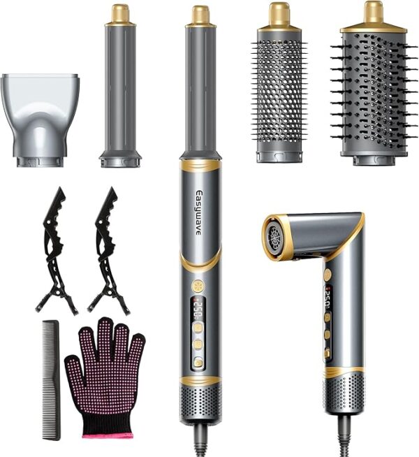 Easywave Air Wrap Hair Styler: Flexible 5 in 1 Air Styling & Drying System, Professional Air Wrap Hot Air Brush Set for Fast Drying, Curling Volumizing Smoothing & Styling, Oval Brush, Concentrator