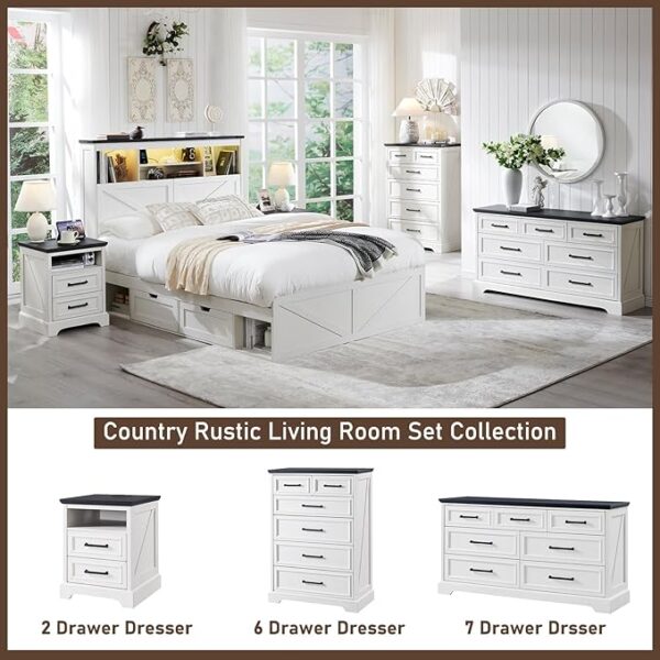 7 Drawer Dresser, Farmhouse Chest of Drawers for Bedroom, 52" Wide Kids Dresser TV Stand with Large Metal Handles, Wood Drawer Organizer for Living Room, Hallway - Off White - Image 6
