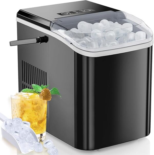 SMUG Countertop Ice Maker, 9 Cubes in 6 Mins, 26lbs in 24Hrs, 2 Sizes of Bullet Ice, Auto-Cleaning, Portable Ice Machine with Handle, Basket and Scoop for Home Kitchen, Party and Camping (Black)