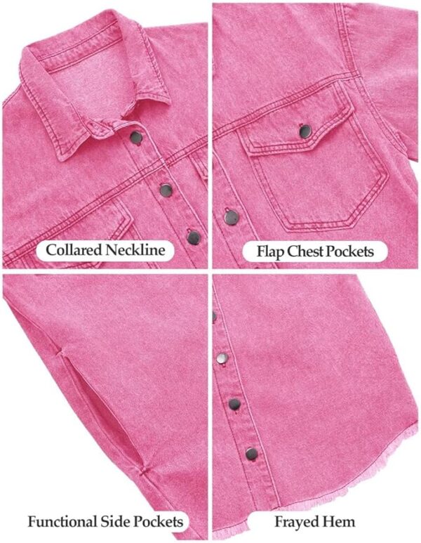 Vetinee Women’s Oversized Button Up Frayed Hem Shacket Long Sleeve Pockets Denim Jean Jacket - Image 2