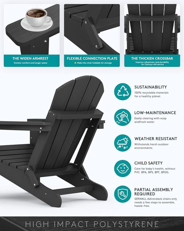 SERWALL Foldable Adirondack Chair Set of 4 for Patio Garden Outdoors Fire Pit-Black - Image 3