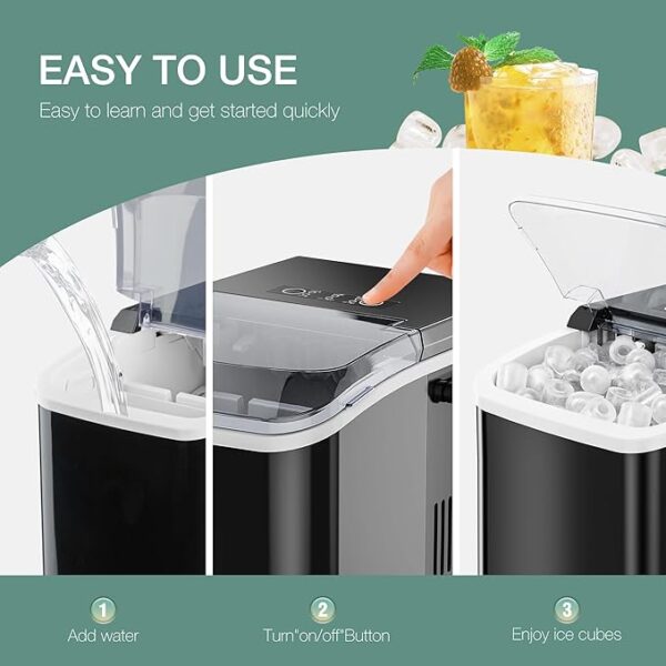 SMUG Countertop Ice Maker, 9 Cubes in 6 Mins, 26lbs in 24Hrs, 2 Sizes of Bullet Ice, Auto-Cleaning, Portable Ice Machine with Handle, Basket and Scoop for Home Kitchen, Party and Camping (Black) - Image 6
