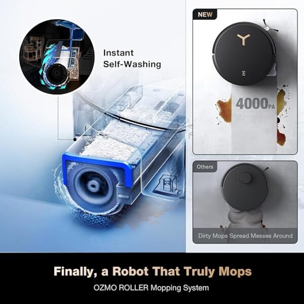 ECOVACS DEEBOT X8 PRO OMNI Robot Vacuum and Mop, 18000Pa, OZMO ROLLER Instant Self-Washing Mopping, 167℉ Hot Water Mop Washing, Auto Cleaning Solution Adding, Hot Air-Drying, Self-Emptying, Black - Image 4