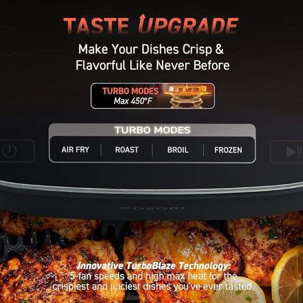 COSORI Air Fryer 9-in-1, Compact & Large 6-Qt, Fast Turbo Modes, 90°–450°F Even Results With Precise Temperature Control, Up to 95% Less Oil*, Roast, Bake, Dry, Reheat, Frozen, Broil, Proof, Grey - Image 4