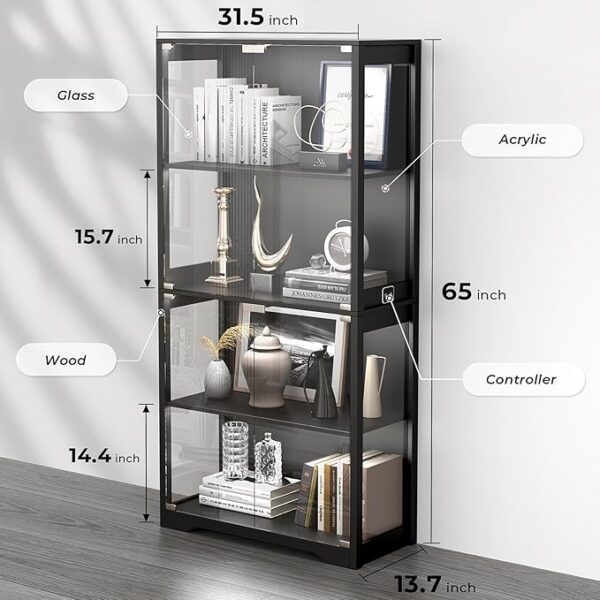 Display Cabinet with Glass Doors, 4-Tier Curio Cabinet with 3 Color Lights for Collectibles, Glass Display Case with Human Body Sensor, Storage Cabinet, Black - Image 4