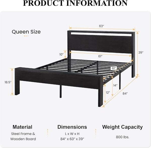 SHA CERLIN 14 Inch Queen Size Metal Platform Bed Frame with Wooden Headboard and Footboard, Mattress Foundation, No Box Spring Needed, Large Under Bed Storage, Non-Slip Without Noise, Black Oak - Image 3
