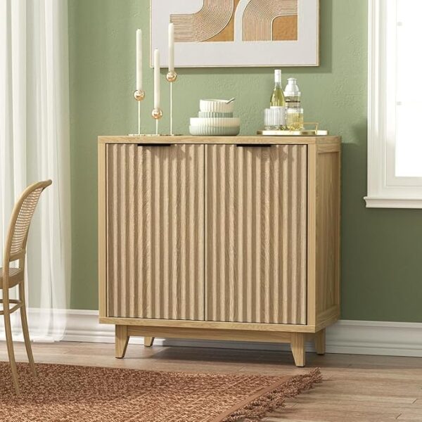 Fluted Cabinet with Storage, 2 Doors Sideboard Buffet Cabinet, Mid Century Modern Accent Cabinet with Adjustable Shelves, Multifunctional Console Table with Storage for Living Room, Kitchen, Entryway