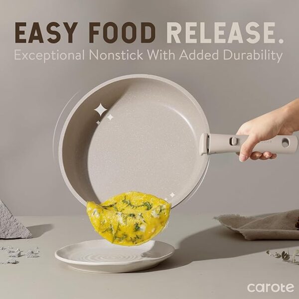 CAROTE 15pcs Pots and Pans Set, Nonstick Cookware Set Detachable Handle, Induction Kitchen Cookware Sets Non Stick with Removable Handle, RV Cookware Set, Oven Safe, Taupe - Image 5
