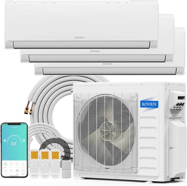 ROVSUN 27000 BTU Tri Zone WIFI Mini Split AC/Heating System, 19 SEER2 3 Zone 9000 + 9000 + 12000 BTU Ductless Split Air Conditioner with Pre-Charged Condenser, Heat Pump & 25Ft Line Set, 208-230V