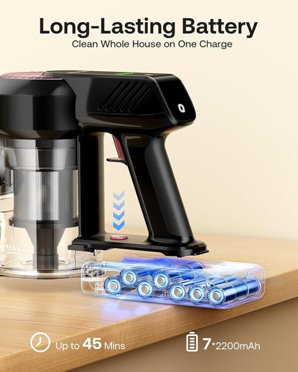 Cordless Vacuum Cleaner, 40Kpa 45Mins Vacuum Cleaners for Home, 8-in-1 Lightweight Stick Vacuum with Powerful Suction, Anti-tangle Wireless Vacuum for Carpet, Tile, Pet Hair, Hardwood Floors, Black - Image 2