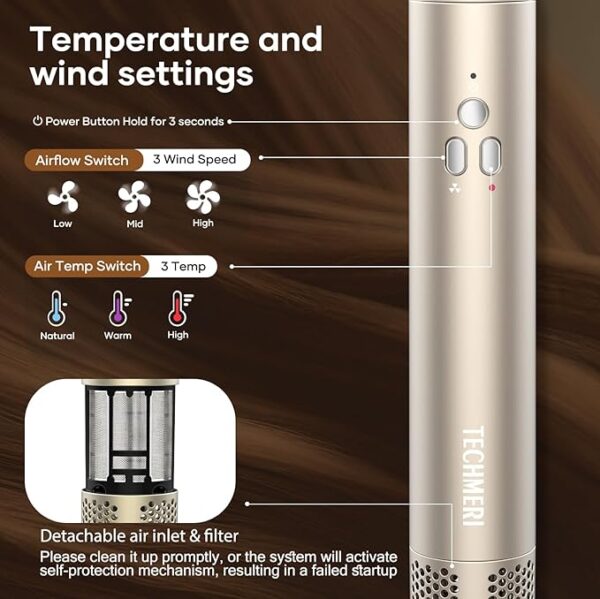 Hair Dryer Brush TECHMERI 6 in 1 Blow Dryer Brush Ions, Detachable Hair Styler Tools, Auto Wrap Curler, Hot Air Brush for Drying, Straightening and Volumizing, High Speed - Image 6