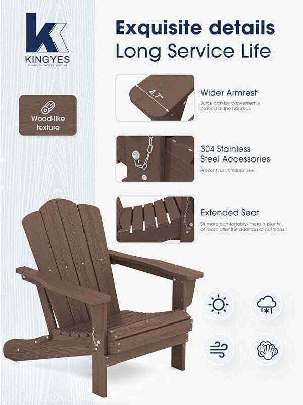 KINGYES Folding Adirondack Chair Set of 2, HDPE All-Weather Folding Adirondack Chair, Brown - Image 4