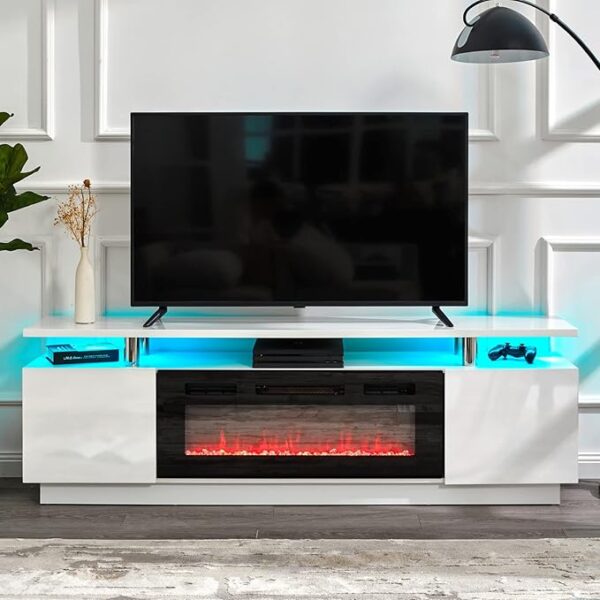 AMERLIFE Fireplace TV Stand with 36" Fireplace, 70" Modern High Gloss Fireplace Entertainment Center LED Lights, 2 Tier TV Console Cabinet for TVs Up to 80", Ivory White - Image 6