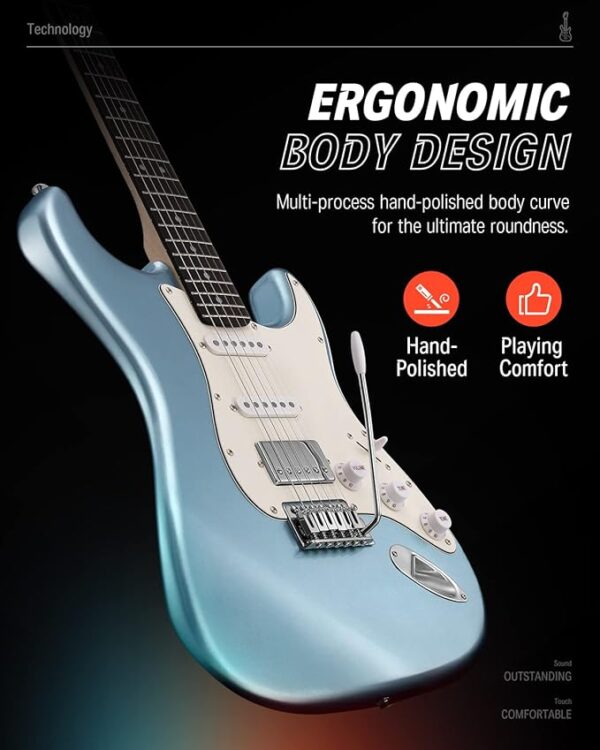 Donner DST-152R Electric Guitar, 39" Beginner Electric Guitar Kit, HSS Pickup with Coil Split, Guitar Starter Set with Amp, Bag, All Accessories, Metallic Ice Blue - Image 4