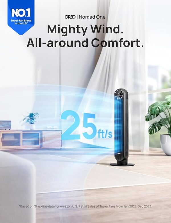 Dreo Tower Fan for Bedroom, 25ft/s Velocity 28dB Quiet Floor Fan, 90° Oscillating Fans for Indoors with 4 Speeds, 4 Modes, 8H Timer, Bladeless Standing Fan, Black, Nomad One (DR-HTF007) - Image 4