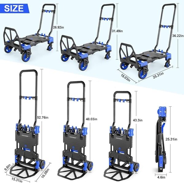 2-in-1Hand Truck Dolly Foldable with Folding Basket, 330LB Folding Hand Truck Heavy Duty Carrying, Combination of 4 Wheels and 2 Wheels Convertible Dolly Cart with Retractable Handle Dolly for Moving. - Image 6