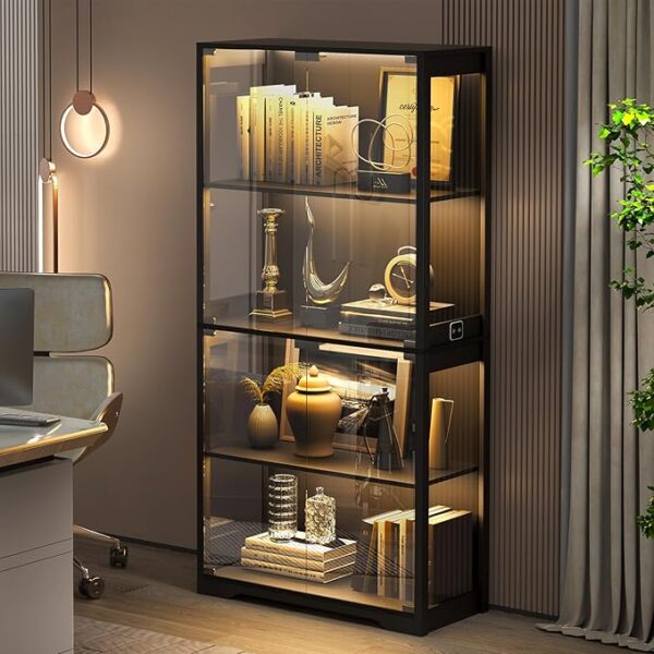 Display Cabinet with Glass Doors, 4-Tier Curio Cabinet with 3 Color Lights for Collectibles, Glass Display Case with Human Body Sensor, Storage Cabinet, Black - Image 5