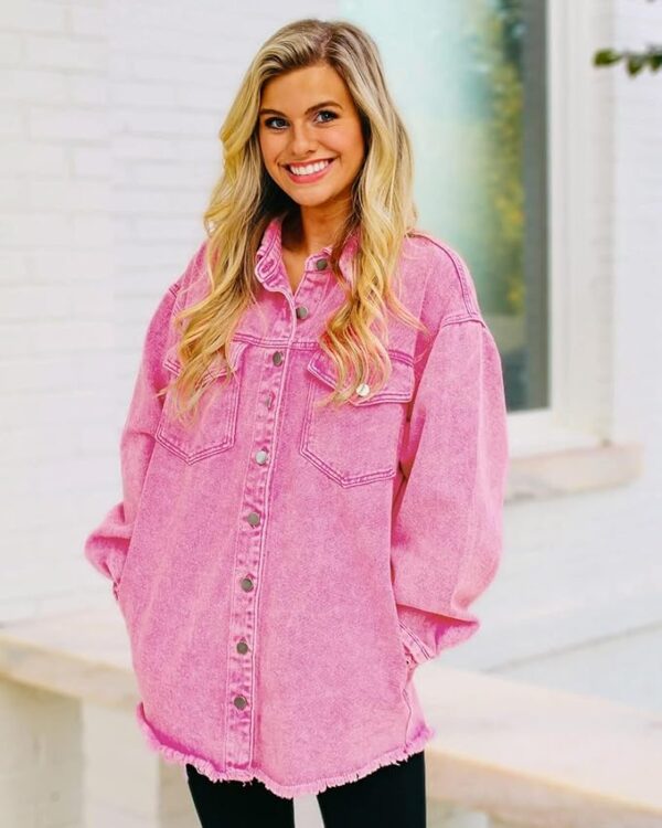 Vetinee Women’s Oversized Button Up Frayed Hem Shacket Long Sleeve Pockets Denim Jean Jacket - Image 6