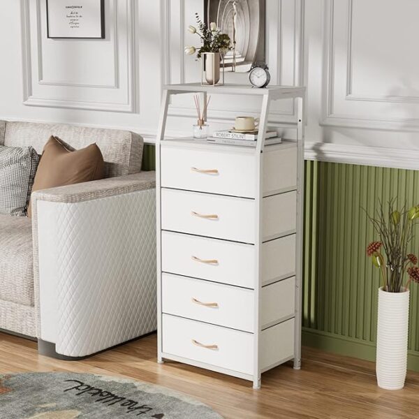 Furnulem White Dresser with 5 Drawers, Vertical Storage Tower Fabric Dresser for Bedroom, Hallway, Entryway, Nursery, Closet Organizer, Nightstand Bedside Table Furniture, Sturdy Steel Frame, Wood Top - Image 4