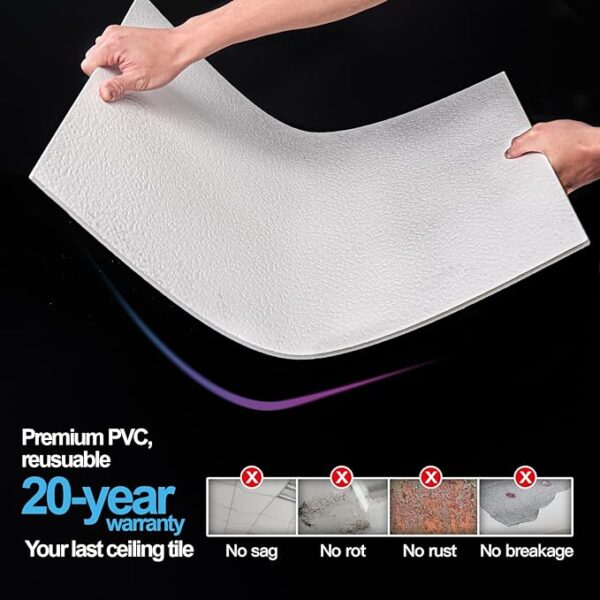 Art3d 12-Pack Stucco Texture Drop Ceiling Tiles 2x2 FT - Fire-Rated, Waterproof, Reusable - Premium PVC 24x24 Inch Ceiling Panels for Living Room Kitchen Bathroom Basement Office, White - Image 2