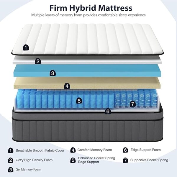 DIFAME King Size Mattress 14 Inch, Gel Memory Foam Hybrid Firm King Bed Mattress in a Box with Independent Pocket Spring, Pressure & Back Pain Relief, Edge Support, 100-Night Trial, CertiPUR-US - Image 4
