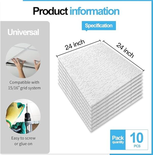 Art3d 12-Pack Stucco Texture Drop Ceiling Tiles 2x2 FT - Fire-Rated, Waterproof, Reusable - Premium PVC 24x24 Inch Ceiling Panels for Living Room Kitchen Bathroom Basement Office, White - Image 3
