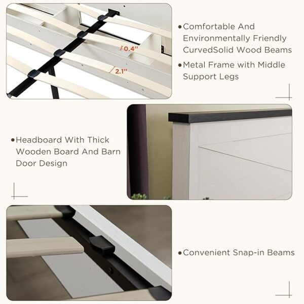 JXQTLINGMU King Farmhouse Wood Bed Frame with Sliding Barn Door Storage Cabinets, Solid Wood Slats Support, Noiseless, No Box Spring Needed, Antique White - Image 4