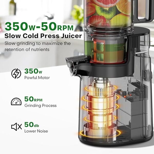 Cold Press Juicer, Masticating Juicer with 5.4" Wide Feed Chute, 350w Slow Juicer Machines Fit Whole Vegetables and Fruits, Juice Extractor Machine with High Juice Yield, Easy to Clean(Dark Gray) - Image 5