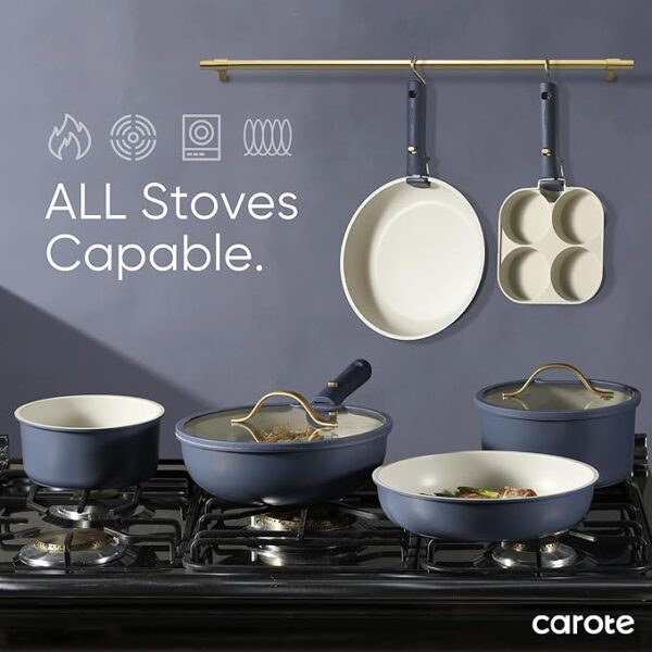 CAROTE 19pcs Pots and Pans Set, Nonstick Cookware Set Detachable Handle, Induction Kitchen Cookware Sets Non Stick with Removable Handle, RV Cookware Set, Gold and Blue - Image 4