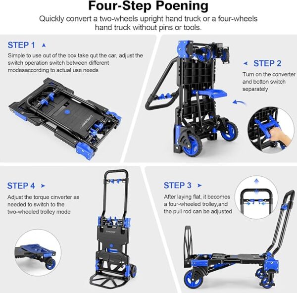 2-in-1Hand Truck Dolly Foldable with Folding Basket, 330LB Folding Hand Truck Heavy Duty Carrying, Combination of 4 Wheels and 2 Wheels Convertible Dolly Cart with Retractable Handle Dolly for Moving. - Image 4