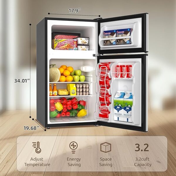 BANGSON Mini Fridge with Freezer, 3.2 Cu.Ft Small Refrigerator, 5 Settings Temperature Adjustable, Low Noise Refrigerator, 2 Door Mini Fridge for Apartment, Home, Office and Dorm, Silver - Image 6