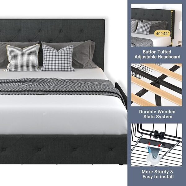 Allewie Upholstered Queen Size Platform Bed Frame with 4 Storage Drawers and Headboard, Diamond Stitched Button Tufted, Mattress Foundation with Wooden Slats Support, No Box Spring Needed, Dark Grey - Image 4