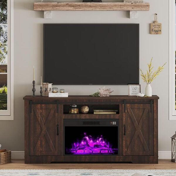 AMERLIFE Fireplace TV Stand with Sliding Barn Door for TVs up to 73", Farmhouse 63" Fireplace Entertainment Center with Storage Cabinets/Adjustable Shelves, Reclaimed Barnwood - Image 2
