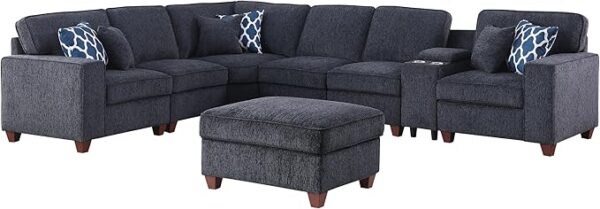 127" L-Shaped Sectional Couch with Movable Ottoman&6 Throw Pillows,7 Seat Chenille Upholstered Sofa W/2 Cup Holder,USB Port&Hidden Storage Box,DIY Combination,for Living Room,Apartment,Dark Gray - Image 2