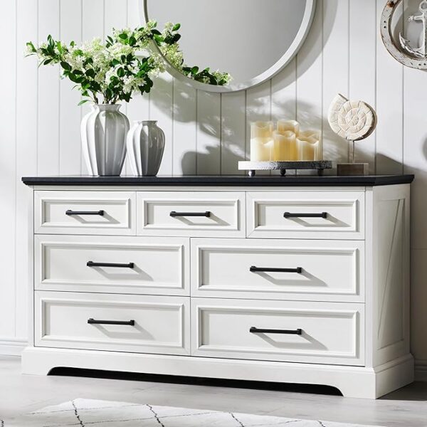 7 Drawer Dresser, Farmhouse Chest of Drawers for Bedroom, 52" Wide Kids Dresser TV Stand with Large Metal Handles, Wood Drawer Organizer for Living Room, Hallway - Off White
