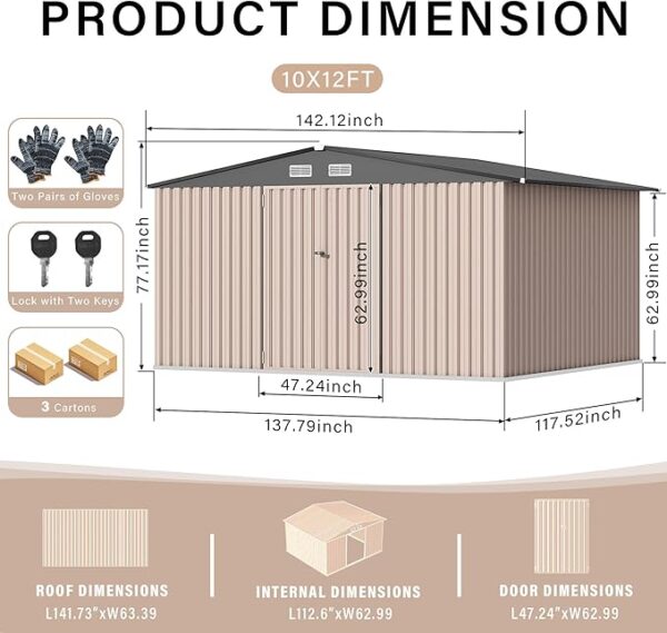 10x12 FT Metal Storage Sheds Outdoor, Metal Tool Shed with Lockable Door, Metal Yard Sheds Metal Garden Shed Kit, Metal Utility Sheds Buildings with Air Vent for Backyard Garden Patio Lawn - Image 6