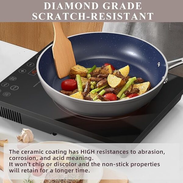 Nuwave Healthy Duralon Blue Ceramic Nonstick Cookware Set, Diamond Infused Scratch-Resistant, PFAS Free, Dishwasher & Oven Safe, Induction Ready & Evenly Heats, Tempered Glass Lids & Stay-Cool Handles - Image 3