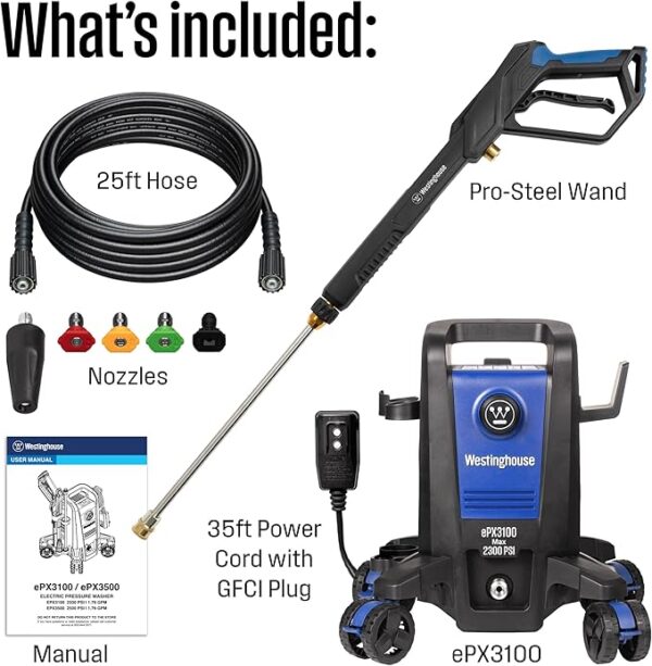 Westinghouse ePX3100 Electric Pressure Washer, 2300 Max PSI 1.76 Max GPM with Anti-Tipping Technology, Onboard Soap Tank, Pro-Style Steel Wand, 5-Nozzle Set, for Cars/Fences/Driveways/Home/Patios - Image 2