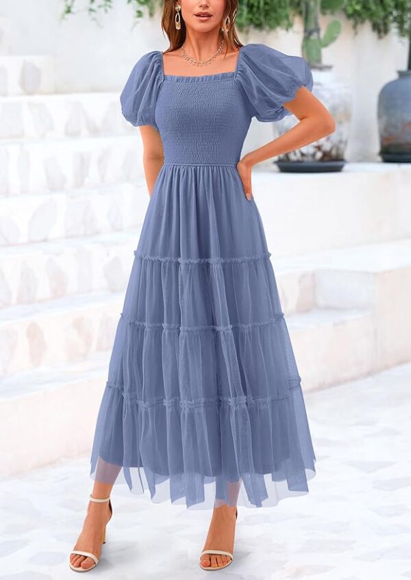 PRETTYGARDEN Women's Smocked Midi Tulle Dress Summer Puffy Short Sleeve Square Neck Ruffle Wedding Guest Party Dresses - Image 2