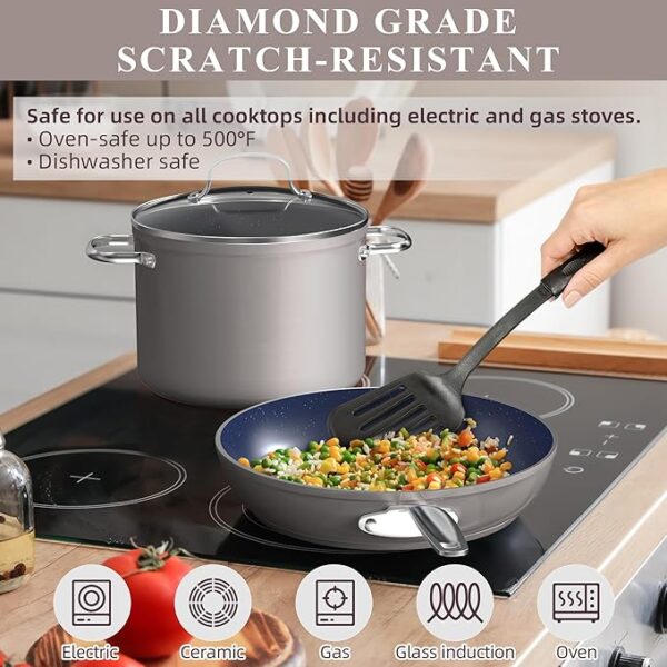 Nuwave Healthy Duralon Blue Ceramic Nonstick Cookware Set, Diamond Infused Scratch-Resistant, PFAS Free, Dishwasher & Oven Safe, Induction Ready & Evenly Heats, Tempered Glass Lids & Stay-Cool Handles - Image 2