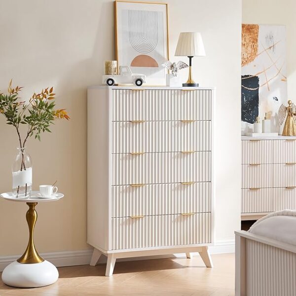 T4TREAM Fluted 5 Drawers Dresser, 48" Tall Modern Chest of Drawers with Faux Marble Top, Curved Profile Design, Wood Drawer Organizer for Bedroom, Living Room, Hallway, Entryway, Solid White - Image 2