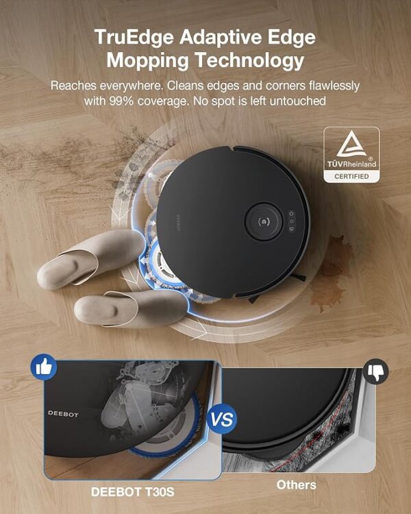ECOVACS DEEBOT T30S Combo Robot Vacuum and Mop, All-in-One Cleaning Hub, 11000Pa, ZeroTangle Technology, TruEdge Adaptive Edge Mopping, Dual Self-Emptying, Hot Water Mop Washing, Auto-Mop Lifting - Image 6