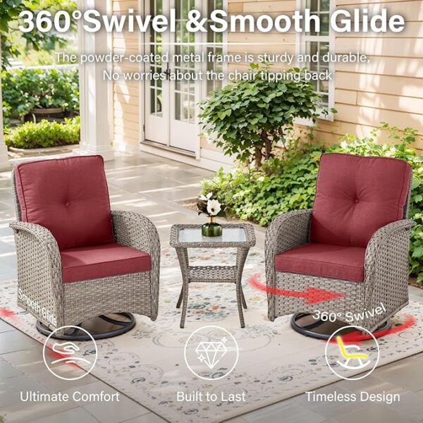 Swivel Patio Chairs Wicker Set - Outdoor Swivel Rocker Chair with Side Table, 3 Piece Patio Glider Chairs Furniture Set with Water-Resistant Cushions for Deck Porch Sunroom - Image 2